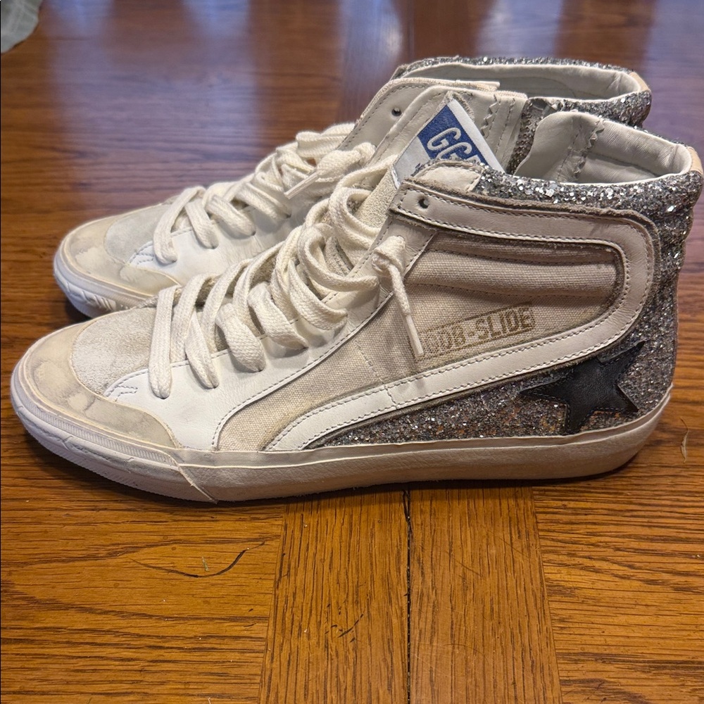 Golden Goose White and Silver Glitter Slide High-Top sneaker